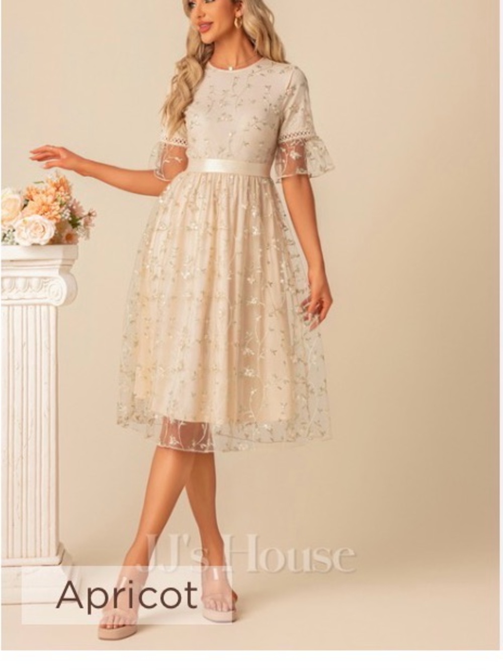 JJs House Apricot Embroidered Tulle Midi Dress